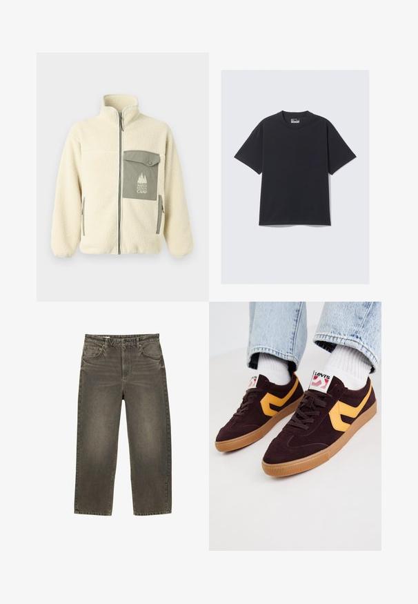 Giacca in pile di colore crema con colletto alto, zip frontale e tasca sul petto verde con logo e chiusura a bottone.; T-shirt in cotone nero con un classico collo a giro, maniche corte e vestibilità rilassata. Texture liscia con dettagli di cucitura minimi.; Jeans a gamba larga in denim grigio sbiadito con una leggera lucentezza. Presentano due tasche frontali e una chiusura con bottoni. Cuciture orizzontali sulla cintura.; Sneakers in suede bordeaux scuro con dettagli in pelle gialla, suola in gomma e lacci bianchi. Logo visibile sulla linguetta.