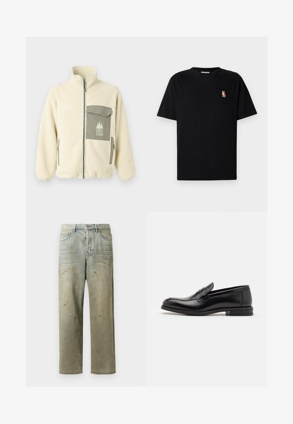 Fleece jacket in cream with a high collar, front zipper, and a green chest pocket featuring a logo and button closure.; Black short-sleeve crew neck t-shirt with small embroidered orange fox logo on left chest.; Distressed denim jeans in light green, featuring a straight leg, five-pocket design, and uneven fading with paint splatters.; Black leather loafers with a smooth texture, rounded toe, and a decorative strap across the vamp. Low stacked heel, minimalist design.