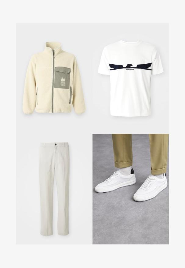 Kurtka polarowa w kremowym kolorze z wysokim kołnierzem, zamkiem błyskawicznym z przodu oraz zieloną kieszenią na piersi z logo i zapięciem na guzik.; Biała bawełniana koszulka z krótkim rękawem, z granatowym graficznym wzorem orła oraz napisem "EMPORIO ARMANI" poniżej projektu. Okrągły dekolt.; Beżowe spodnie o prostym kroju z paskiem, z zapięciem na guziki z przodu i suwakiem, wyeksponowane na białym tle.; Białe sneakersy z fakturowaną skórzaną wykończeniem, okrągłym noskiem i czarnym akcentem na pięcie. Gumowa podeszwa z małym wzorem bieżnika i przeszyciem.