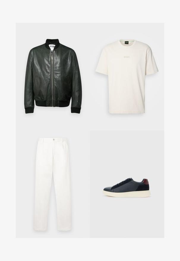 Jachetă bomber din piele verde închis, cu fermoar în față, guler și manșete ribbate și buzunare laterale. Textură netedă, cu detalii minime.; BOSS TEE - Tricou basic - open white; Pantaloni albi confecționați dintr-un material neted, având un design cu picior drept, pliseuri frontale și un sistem de închidere cu un singur nasture la talie.; Sneakeruri pentru bărbați, cu talpă joasă, din piele neagră și suede, cu tab cuum maron și talpă din cauciuc alb, văzute din partea exterioară.