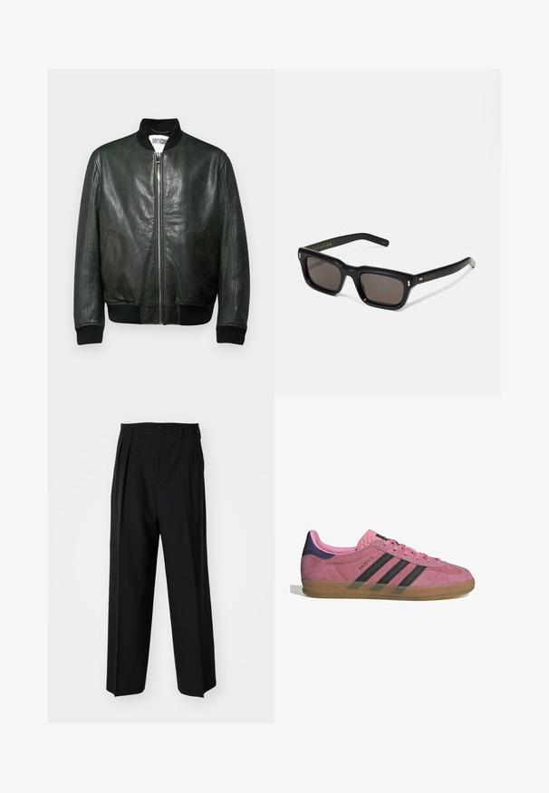 Donkergroene leren bomberjack met een rits aan de voorkant, ribbelkraag en -manchetten, en zijzakken. Soepele textuur met minimale details.; Langsleeve witte t-shirt gemaakt van zachte katoen. Ronde halslijn met rechte zoom en geen zichtbare patronen of graphics.; Zwarte geplooide broeken met een rechte, brede pijpontwerp. Gemaakt van soepele stof, met een knoopsluiting en riemlussen.; Roze suède sneaker met zwarte strepen, rubberen zool en textuur op de paarse hak. Voorzien van een vetersluiting en opgedrukte merknaam aan de zijkant.; Zwarte rechthoekige zonnebril met donkere lenzen, een dik plastic montuur, gouden accenten op de veren en het merkembleem gegraveerd op de arm.