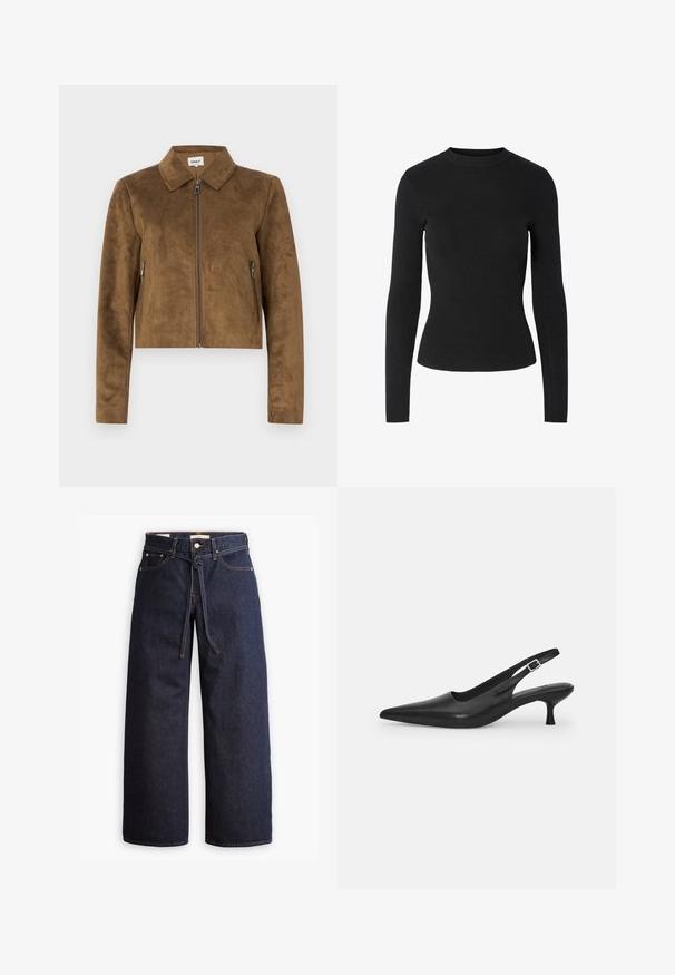 Veste courte en daim marron avec col, fermeture éclair sur le devant et poches zippées sur les côtés. Texture lisse et coupe ajustée.; Pull noir côtelé à manches longues avec un col rond et une silhouette ajustée, présentant une texture lisse sur toute la surface.; Jeans en denim bleu foncé à jambes larges, avec une taille haute, dotés d'un lien à cordon, de cinq poches et de détails de couture contrastants.; Chaussure slingback en cuir noir avec un bout pointu et un talon fin et incurvé. Dispose d'une sangle ajustable discrète avec une boucle en métal.