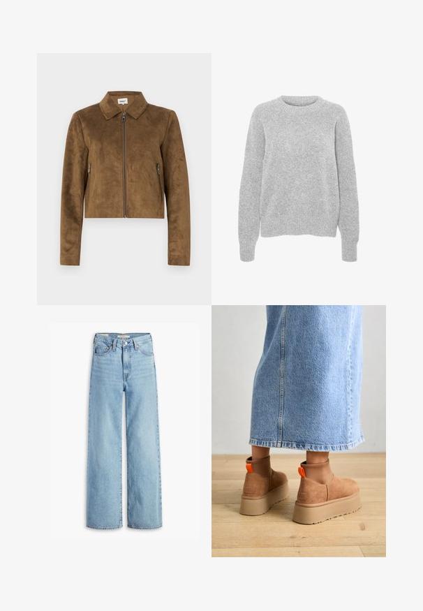 Pruun suede lühike jakk, millel on kraega kaelus, ees tõmblukk ja külgedel tõmblukkudel taskud. Sile tekstuur ja sobiv lõikega.; Hallide lõhiku ja ümarate kaelustega hall kudumipusa, millel on pikad varrukad, soonikkoes mansetid ja allaosad. Pusa on pehme tekstuuriga ja mugava lõikega.; Kõrge vöökohaga helesinised laiad püksid, millel on ees nupud ja lukud, vööd ja viie tasku stiil.; Pruunid nahatooted platvormikontsad elastsete külgpaneelidega ja oranžide tõmbetuttidega, koos puusani ulatuva heleda denim-seelikuga puidust põrandal.