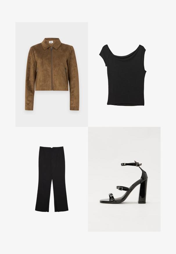 Braune Wildleder-Cropped-Jacke mit Kragen, vorderem Reißverschluss und seitlichen Zipper-Taschen. Geschmeidige Textur und taillierte Passform.; Schwarzes Kurzarmoberteil aus glattem Stoff; hat einen drapierten Ausschnitt und einen asymmetrischen Saum, mit einem figurbetonten Körper.; Schwarze Hose mit geradem Schnitt, ausgestattet mit Fronttaschen und Seitenschlitzen am Saum. Hergestellt aus weichem, glattem Stoff. Geeignet für verschiedene Anlässe.; Schwarze patentierte Sandalen mit Absatz, quadratischer Spitze, Knöchelriemen und silbernen Schnallen. Mit einem stabilen Blockabsatz für mehr Stabilität.