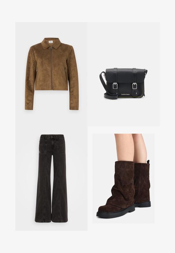 Brown suede cropped jacket with a collared neck, front zipper closure, and side zip pockets. Smooth texture and tailored fit.; Light green long-sleeve shirt with a button-up front, collar, textured fabric, and tie details at the cuffs. Straight hem design.; Black wide-leg jeans made of denim, featuring a high waist, front pockets, and tonal stitching along the seams.; Brown suede mid-calf boots with black rubber soles worn on bare legs, showing slight wrinkling on the boot shafts.; Black leather crossbody bag with a flap, two silver buckles, yellow stitching, and an adjustable strap. Features a smooth texture and compact design.