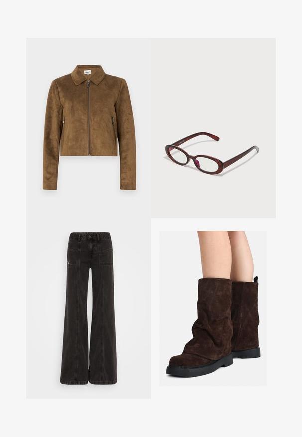 Hnedá zamšová skrátená bunda s golierom, predným zipsom a bočnými zipsovými vreckami. Hladká textúra a prispôsobený strih.; Svetlozelená košeľa s dlhým rukávom, zapínanie na gombíky vpredu, golier, textúrovaná tkanina a viazanie na manžetách. Priamy strih.; Čierne široké džínsy vyrobené z denimu, s vysokým pásom, prednými vreckami a tonálnym prešívaním pozdĺž švov.; Hnedé semišové čižmy do polovice lýtok s čiernymi gumovými podrážkami nosené na holých nohách, s miernymi vráskami na šaftoch čižiem.; Okuliare v oválnom tvare s červenými sklami a elegantným hnedým rámom. Dizajn sa vyznačuje jemnými krivkami a minimálnym hardvérom.