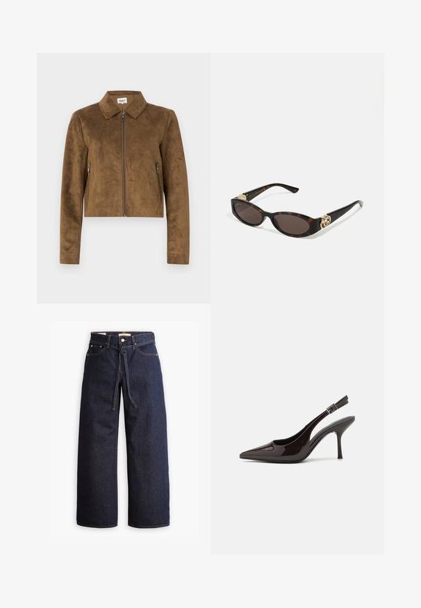 Brązowa zamszowa krótka kurtka z kołnierzykiem, przednim zapięciem na zamek błyskawiczny oraz bocznymi kieszeniami na zamek. Gładka tekstura i dopasowany krój.; Niebieska koszula z długim rękawem, w paski, z kołnierzykiem i zaokrąglonym dołem. Materiał wydaje się gładki i lekki. Zapięcie na guziki z przodu.; Spodnie dżinsowe w kolorze ciemnoniebieskim o szerokich nogawkach i wysokim stanie, z wiązaniem na sznurki, pięcioma kieszeniami oraz kontrastowymi detalami w staszcu.; Sandały na obcasie typu slingback z błyszczącej ciemno-brązowej lakierowanej skóry, w szpic, z otwartymi bokami i regulowanym paskiem wokół kostki.; Słoneczne okulary w kolorze żółwi z wydłużonymi owalnymi soczewkami, brązowym odcieniem, złotymi akcentami logo na zausznikach oraz smukłymi czarnymi ramionami.; Brązowa torebka w wzory, wykonana z teksturowanej tkaniny, z brązowym skórzanym paskiem i złotym logotypem na beżowym tle. Krzywoliniowy, strukturalny kształt.