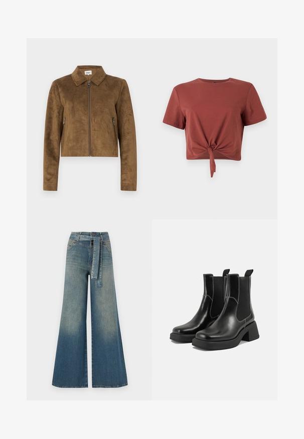 Brun ruskinds cropped jakke med krave, frontlynlås og sidelommer med lynlås. Glat tekstur og skræddersyet pasform.; Rostfarvet cropped t-shirt i blød bomuld med korte ærmer og knyttet frontdetalje. Glat tekstur, rund halsudskæring.; Bredbens-denimbukser med en lys til mørk blå gradient, høj talje, bælteløkker og et matchende stofbælte. Tekstureret denimfinish.; Sorte læder Chelsea-støvler med en kraftig hæl, elastiske sidepaneler og kontrastfarvet hvid syning. Tekstureret overflade.