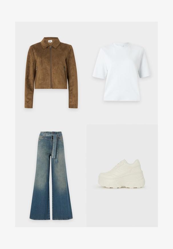 Braune Wildleder-Cropped-Jacke mit Kragen, vorderem Reißverschluss und seitlichen Zipper-Taschen. Geschmeidige Textur und taillierte Passform.; Hellblaues T-Shirt mit kurzen Ärmeln aus weicher Baumwolle. Es hat einen klassischen Rundhalsausschnitt und eine lockere Passform, ohne Muster oder Akzente.; Weit geschnittene Denim-Hosen mit einem Farbverlauf von hellblau zu dunkelblau, hoher Taille, Gürtelschlaufen und einem passenden Stoffgürtel. Strukturierte Denim-Oberfläche.; Weiße Platform Sneakers mit einem glatten, lederähnlichen Obermaterial, abgerundeter Form, gepolstertem Kragen und strukturierten Gummisohlen mit ausgeprägten Stollen.