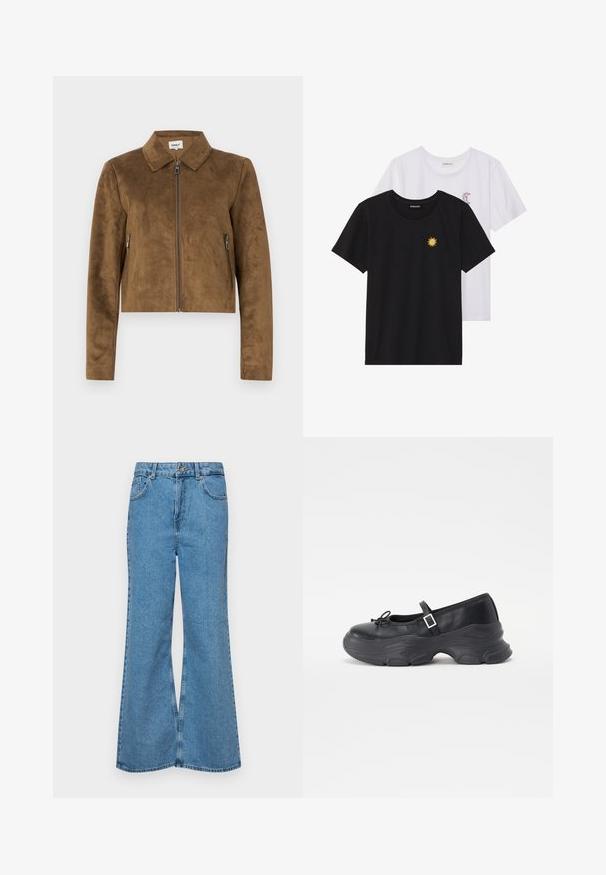 Casaco cropped em camurça castanha com colarinho, fecho frontal com zip e bolsos laterais com zip. Textura suave e ajuste justo.; T-shirts preto e branco, de decote redondo e mangas curtas. A camisa preta apresenta um bordado de sol amarelo; a branca tem um detalhe de lua crescente roxa.; Jeans de brim azuis claros, com corte à boca de sino, apresentando uma cintura alta, cinco bolsos e um fecho de botão único. Textura macia com acabamento desbotado.; Sapatilha Mary Jane em couro preto com bico arredondado, detalhe de laço e tiras ajustáveis ao tornozelo. Apresenta uma sola de borracha robusta com acentos curvados.