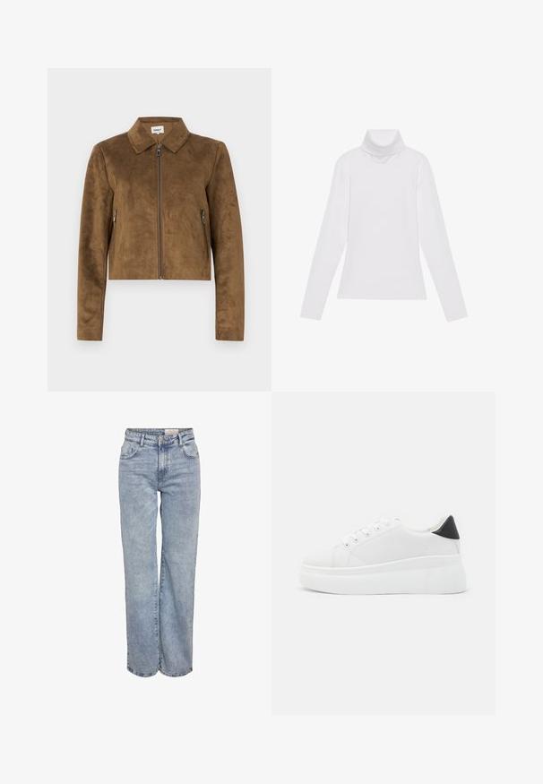 Brązowa zamszowa krótka kurtka z kołnierzykiem, przednim zapięciem na zamek błyskawiczny oraz bocznymi kieszeniami na zamek. Gładka tekstura i dopasowany krój.; Biała bluzka z długim rękawem i golfem, wykonana z gładkiego, elastycznego materiału. Posiada wysoki kołnierz i dopasowany krój, bez widocznych wzorów czy zdobień.; Jasnoniebieskie dżinsy z szerokimi nogawkami, wykonane z denimu, z wysokim stanem, pięciowgzianą konstrukcją i subtelnym wyblaknięciem, dającym wrażenie noszonych.; Białe sneakersy na platformie wykonane z gładkiego materiału syntetycznego, z zaokrąglonym noskiem, sznurowanym zapięciem i teksturowaną gumową podeszwą. Czarne akcenty na pięcie.