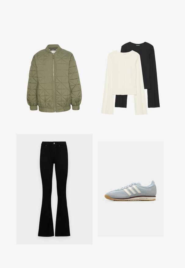 Gastrakų žalios spalvos striukė su užtrauktuku, stovinčiu apykakle ir elastinėmis rankovėmis. Audinys turi geometrinį raštą.; Dviejų ilgomis rankovėmis marškinėlių rinkinys, baltas ir juodas. Raukšlėta tekstūra, apvalus kaklas, prigludusi forma su šiek tiek platėjančiomis rankovėmis.; Juodos aukšto liemens džinsai su mygtuku ir užtrauktuku, priekinėmis kišenėmis ir platėjančiomis kojomis, išdėstyti ant baltos fono.; Šviesiai mėlyni veliūriniai sportbačiai su baltomis trimis juostelėmis, guminis pado ir tekstūruota tinklinė medžiaga. Yra glotnus pirštų dangtelis ir ženklas ant kulno.