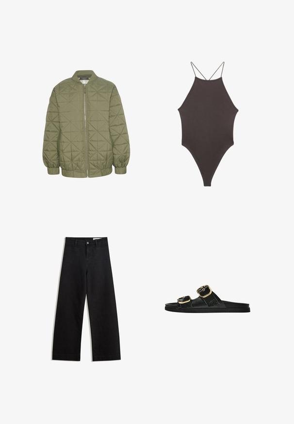 Vadderad olivgrön jacka med dragkedja fram, ståkrage och elastiska manschetter. Har ett geometriskt mönster på tyget.; Brun, hög nacke baddräkt med tunna, justerbara remmar; har högskuren ben och slät textur. Inga mönster eller dekorationer.; Svarta vida denimbyxor med hög midja, med fram- och bakfickor, sydda sömmar och knappstängning. Slät textur.; Svart glidsandal med två guldfärgad spännen, slät textur av material, platt sula och en minimalistisk design.