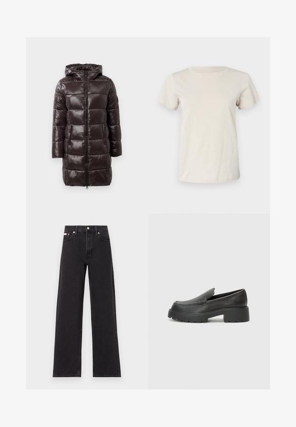 Manteau en duvet marron avec une finition brillante, capuche, fermeture éclair à l'avant et poches latérales. Il présente des sections matelassées horizontales pour l'isolation.; T-shirt en coton beige clair à manches courtes avec un col rond et un discret détail de texte à l'avant. Texture lisse et coupe décontractée.; Jeans noirs à jambes larges en denim, avec une taille haute, une coupe à cinq poches et une fermeture à bouton en métal avec des coutures contrastantes.; Mocassins en cuir noir avec un bout arrondi, une semelle épaisse et texturée, et des détails de couture minimalistes. Design épuré sans lacets ni métal visibles.