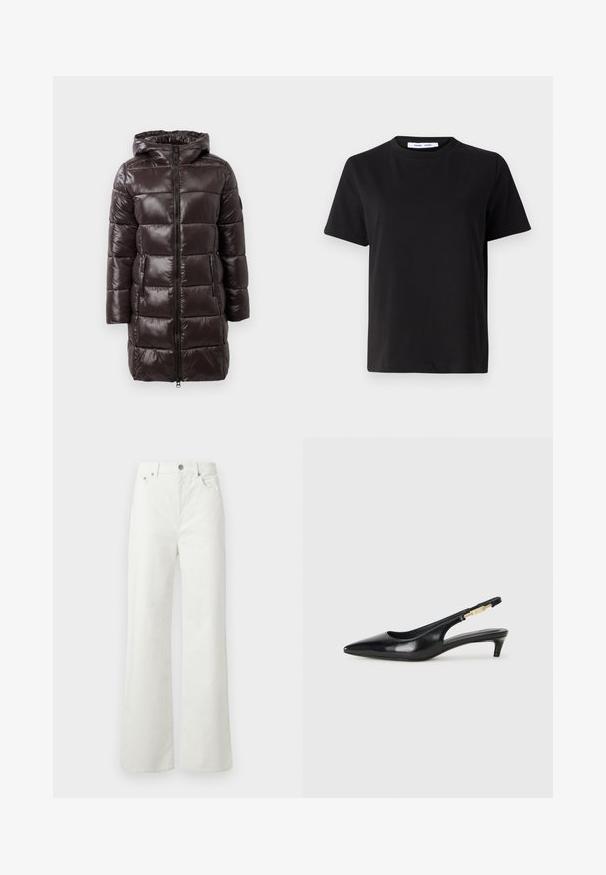 Rjava puffer jakna z sijočim zaključkom, kapuco, zadrgo spredaj in stranskimi žepi. Ima vodoravne tkanine za izolacijo.; Črna majica s kratkimi rokavi iz mehkega bombaža, ki ima okroglo izrezovanje, udoben kroj in gladko teksturo. Brez vidnih vzorcev ali grafike.; Samsøe Samsøe SHELLY - Široke kavbojke - clear cream; Črne usnjene sandale na peto z ostro konico, ki imajo tanko peto in zlat ton na nastavljivem traku. Gladka tekstura.