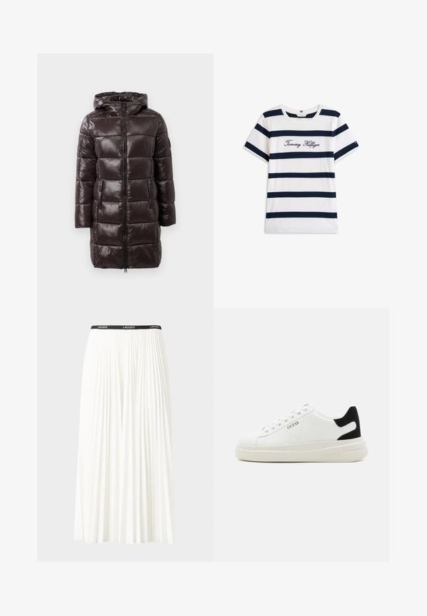 Brūns pūkains mēteli ar spīdīgu apdari, kapuci, ar rāvējslēdzēju priekšā un sānu kabatām. Tā ir ar horizontāli izšūtām sekcijām siltumizolācijai.; Kokvilnas T-krekls ar horizontālām tumši zilām svītrām uz balta fona. "Tommy Hilfiger" izšūts skriptā uz krūšu daļas. Cauruma apkakle.; Gari plānas baltas svārku ar melnu elastīgu jostu, uz kuras redzams "LACOSTE" logo. Vidēja garuma dizains ar mīkstu tekstūru.; Baltas ādas sporta apavi ar biezu balto zoli, melna zamša uzpura un izspiestais logotips sānos. Šņorējuma dizains ar sešiem acu caurumiem.