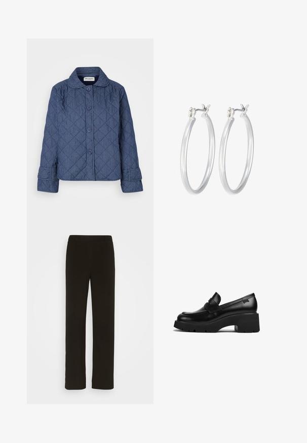 Quiltad jacka i mörkblått med vertikala vita ränder, med krage, sju knappar och manschetter.; Svart linne i mjukt, stretchigt material. Har rund halsringning och breda axelremmar, med en figurnära silhuett och slät yta.; Svarta byxor med rak passform, tillverkade av vävt tyg, med platt front, två sidofickor och en slät yta. Inga synliga mönster eller detaljer.; Svart läder loafers med chunky klack och tjock sula, med en remdetalj över toppen, visad från sidan mot en vit bakgrund.; Silverfärgade hoopörhängen med en slät, polerad yta. Rund form och säker klickstängning. Lättviktig design som passar för vardagligt bruk.