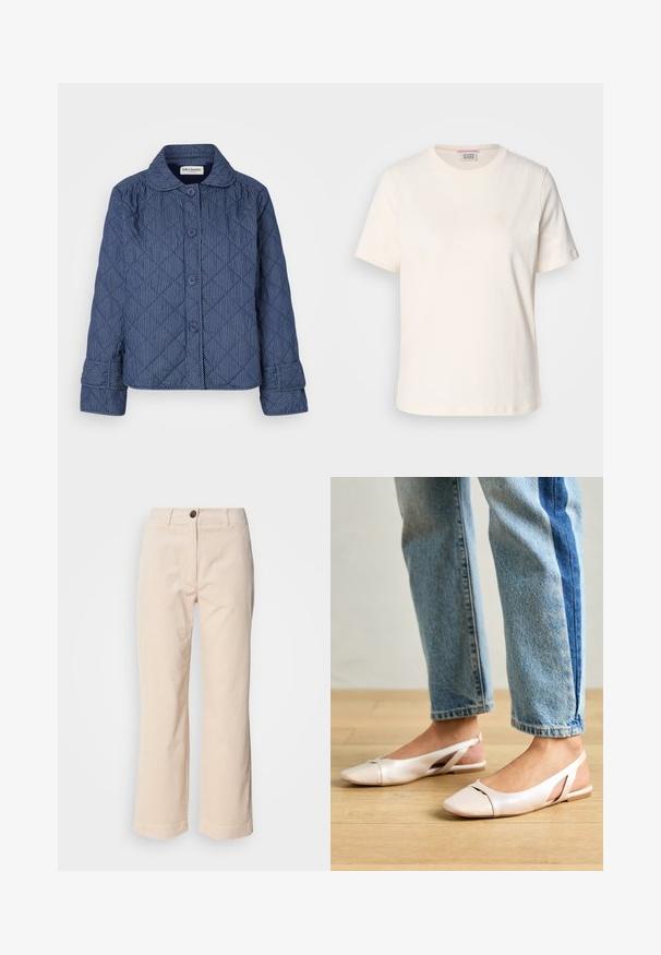 Sötétkék steppelt kabát függőleges fehér csíkokkal, gallérral, hét gombbal és hajtókás ujjal.; Krém színű pamut póló rövid ujjú, kerek nyakú, és finoman domború logorésszel az elülső oldalán. Simáva textúra, laza fazon.; Beige kordbársonyi nadrág egyenes lábakkal, elöl gombos záródással és oldalsó zsebekkel, fehér háttér előtt.; Világos rózsaszín slingback laposlábú cipők, hegyes orral, sima bőrhatású anyagból készült. Oldalt kivágott részletek találhatók rajta, valamint lapos sarkú.