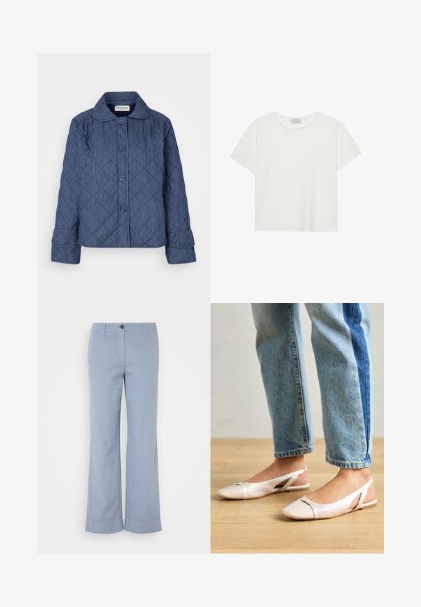 Tumed esimene sinine tikanditega jakk, millel on vertikaalsed valged triibud, krae, seitse nööpi ja mansetid.; Valge lühikeste varrukatega t-särk, mis on valmistatud pehmest puuvillast. Omab ümmargust kaelust ja mugavat lõiget. Puhtad jooned, ilma nähtavate mustrite või aktsentideta.; Heledad sinine linane püksid, sirge säärega, nööbiga kinni, ja üles keeratud äärtega. Sile tekstuur, mõeldud igapäevaseks kandmiseks.; Kahvatu roosa slingback lapikute jalatsite paar, millel on terav varvas, valmistatud siledast nahataolisest materjalist. Omab külgedel lõikekohti ja lapikut kontsa.