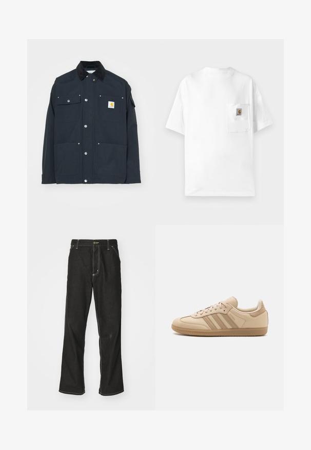 Navy blue jacket with a corduroy collar, snap buttons, and four pockets. Features a yellow logo patch on the left chest. Durable fabric, structured design.; White cotton t-shirt with a round neck, short sleeves, and a chest pocket featuring a logo patch. Minimalist design and seamless texture.; Black denim jeans with a loose fit, featuring contrasting white stitching, a button closure, and a straight leg design.; Beige leather sneakers with three horizontal stripes, round toe, flat brown rubber sole, and soft fabric lining on the collar and tongue.