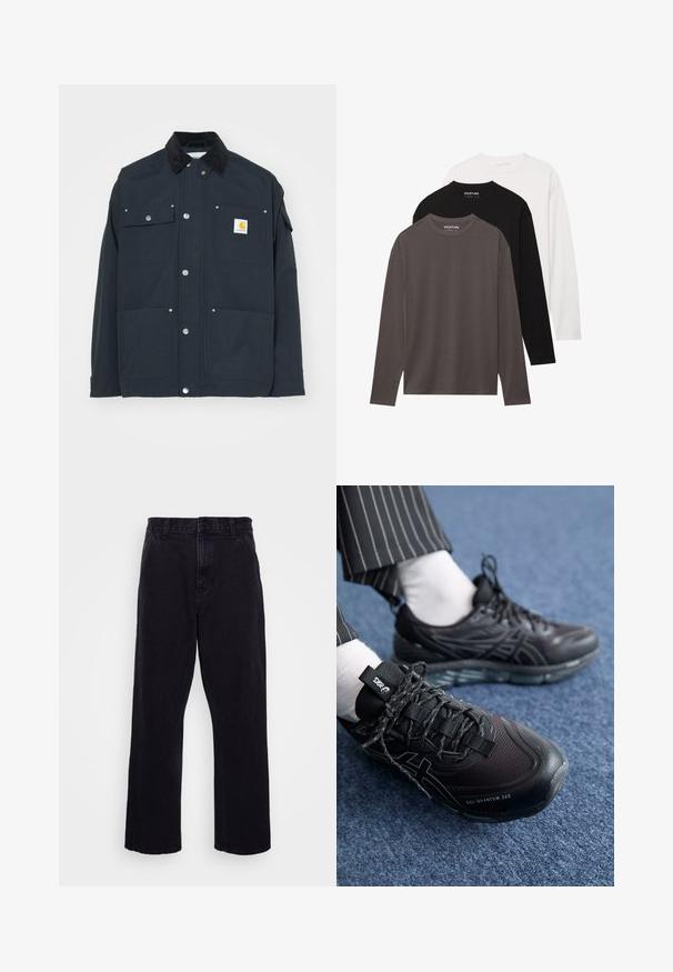 Navy blue jacket with a corduroy collar, snap buttons, and four pockets. Features a yellow logo patch on the left chest. Durable fabric, structured design.; YOURTURN UNISEX 3 PACK - Long sleeved top - white/black/dark grey; Black denim trousers with a straight leg design, featuring a button and zip closure, belt loops, and minimal stitching details.; Black athletic shoes with a textured upper and dark laces. Features a transparent gel sole. Worn with white socks and pinstriped pants.