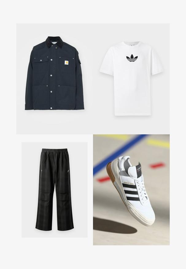 Giacca blu navy con colletto in corduroy, bottoni a scatto e quattro tasche. Presenta una patch con logo giallo sul lato sinistro del petto. Tessuto resistente, design strutturato.; T-shirt bianco in cotone con logo Adidas nero al centro. Maniche corte e design con girocollo. Texture liscia.; Pantaloni a quadri neri con vita elasticizzata, due tasche frontali e una vestibilità ampia con design a gamba dritta. Realizzati in materiale leggero.; Sneaker Adidas Mundial Goal bianca con strisce nere e suola in gomma, mostrata in volo sopra un pavimento di un campo sportivo con linee colorate.