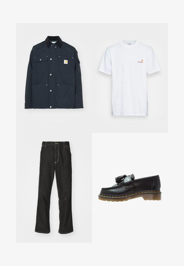 Marineblå jakke med kordfløyelskrage, trykknapper og fire lommer. Har et gult logo-patch på venstre bryst. Holdbart stoff, strukturert design.; Hvit bomull t-skjorte med korte ermer. Designet med en liten logo i oransje og mørkerød på venstre bryst. Har en klassisk rund hals.; Svarte denimbukser med løs passform, med kontrastfylt hvit søm, knappelukking og rett ben-design.; Sorte lærloafers med en teksturert finish, med en dekorativ dusk og kontrasterende gul søm, på en chunky, transparent såle.
