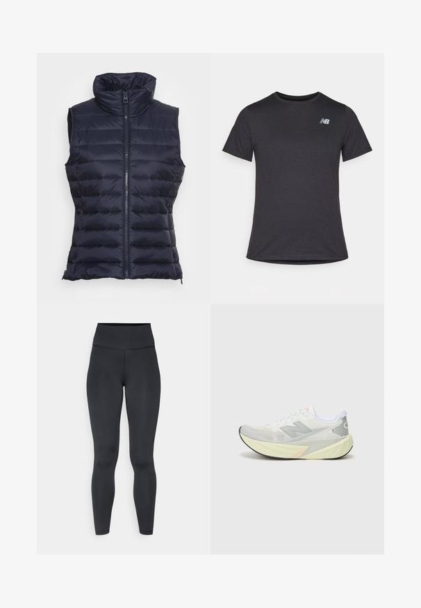 Marc O'Polo VEST STAND UP COLLAR FRONT ZIPPER - Colete - midnight blue; T-shirt preta de manga curta feita de tecido suave, com um pequeno logótipo cinza da New Balance no canto superior esquerdo do peito, design clássico de decote redondo.; Leggings pretos de cintura alta feitos de material elástico, com uma textura suave e um design justo, apresentando detalhes de costura mínimos.; Sapatilha de corrida leve com um upper de malha cinza e branco, um logótipo 'N' proeminente e uma entressola amarela com acentos angulados. Sola preta.