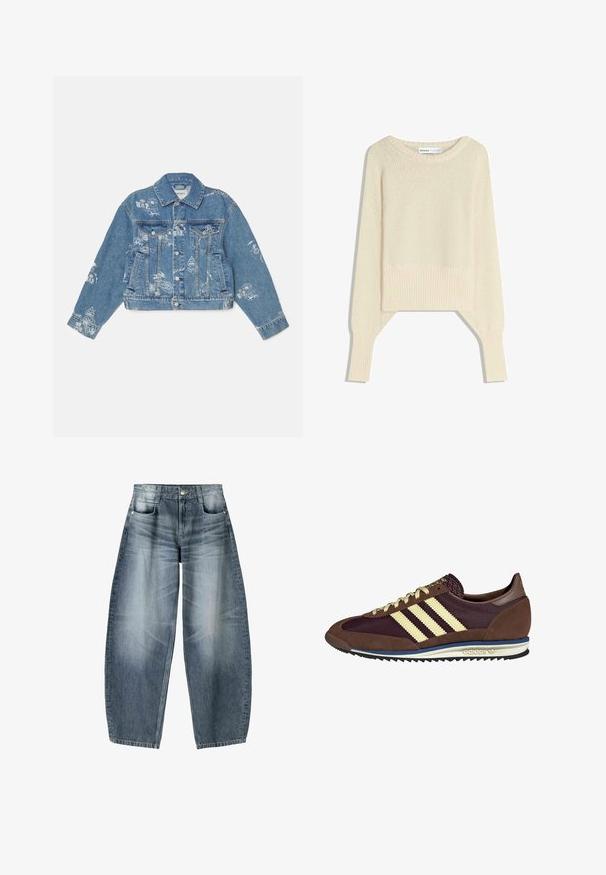 Leren spijkerjack in lichtblauw met witte grafische prints, lange mouwen, klassieke kraag, knoopsluiting en twee bretels voorop.; Lichtbeige cropped sweater, gemaakt van een zachte brei stof, heeft een ruime halslijn, drop shoulders en ribgebreide manchetten en zoom.; Wijd gesneden jeans van lichtblauwe denim met vervaging, met een vijf-pocket ontwerp, knoopsluiting en minimale stikdetails.; Bruine en bordeauxkleurige sneaker van suede en mesh materiaal, met drie crèmekleurige strepen, een gemêleerd stof op de tong en een rubberen zool.