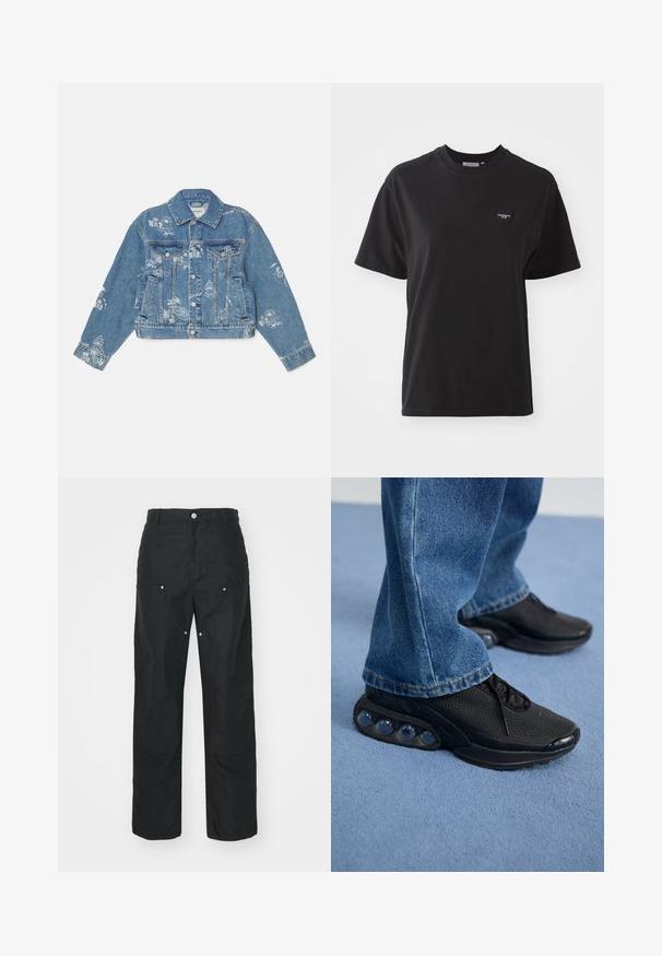 Leren spijkerjack in lichtblauw met witte grafische prints, lange mouwen, klassieke kraag, knoopsluiting en twee bretels voorop.; Zwarte katoen t-shirt met een ronde hals, korte mouwen en een klein hartvormig logo linksboven. Soepele textuur, comfortabele pasvorm.; Zwarte broek met een rechte pijpdesign, gemaakt van een textuurstof. Bevat decoratieve zilveren hardware en unieke naaddetails.; Zwarte sportieve sneakers met een bovenwerk van mesh, gestructureerde accenten en zichtbare luchtkussentjes in de zool. Gedragen met blauwe denim jeans.