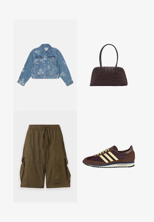 Denim jakna svetlo modre barve z belim tiskanim vzorcem, dolgi rokavi, klasičen ovratnik, z gumbom za zapiranje in dvema sprednjima žepoma.; Dolga rukava, prilegajoča majica iz temno rjave tkanine. Okrogli izrez, gladka tekstura in nekoliko podaljšani rokavi brez manšet.; Olive zelene vojaške kratke hlače iz lahkega materiala. Imajo elastičen pas, vrvico in dve stranski cargo žep.; Rjavi in rdeče-burgundske teniske iz usnja in mrežastega materiala, ki imajo tri smetane stripe, teksturirano blago na jeziku in gumijast podplat.; Tkanjena rjava usnjena torbica za ramo zaobljene oblike, z dvema zgornjima ročajema in gladko teksturo; vsebuje subtilno šivanje za oblikovalsko podrobnost.