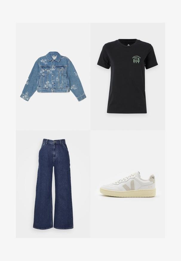 Veste en denim bleu clair avec des graphismes imprimés blancs, manches longues, col classique, fermeture à boutons et deux poches avant.; Converse FOREST ART TEE - T-shirt imprimé - black; Jeans en denim à jambes larges de couleur bleu foncé, avec une taille haute, des poches avant et une fermeture éclair avec un bouton en métal. Texture lisse et design classique.; Baskets blanches en cuir avec des accents en daim beige, boîte à orteils perforée, lacets plats et semelle texturée crème. Présente un logo discret au talon.