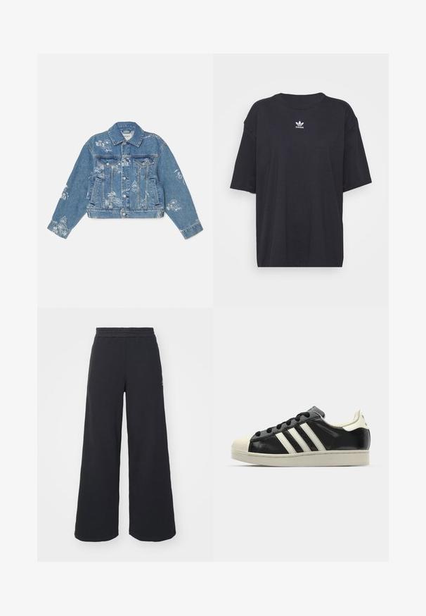 Gaiši zila džinsu jaka ar baltām drukātām grafikām, garām piedurknēm, klasisku apkakli, pogu aizdari un divām priekšējām kabatām.; Melna kokvilnas t-kreklā ar īsām piedurknēm un apaļu kakla izgriezumu, uz krūtīm ir balta Adidas logo. Vienkāršs dizains, brīvs piegriezums.; Melni platās svārku bikses, izgatavotas no mīksta auduma, ar elastīgu jostas daļu un mazu logotipu kreisajā pusē.; Melna ādas sporta apava ar baltām svītrām, gumijas purngala aizsardzību, melnām auklām un krēma krāsas zoli. Gluda tekstūra ar spīdīgu apdari.