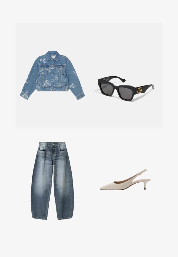 Denim jacket in light blue with white printed graphics, long sleeves, classic collar, button closure, and two front pockets.; White long-sleeve women's top with boat neckline, ruched waist detailing, and slightly fitted silhouette.; Wide-leg jeans made of light blue denim with fading, featuring a five-pocket design, button fly, and minimal stitching details.; Beige slingback heels with a pointed toe and a low, flared heel. Made from smooth leather with a minimalistic design and adjustable strap.; Black rectangular sunglasses with dark lenses, featuring gold GG logo on the side. Made of glossy plastic with straight temple arms.