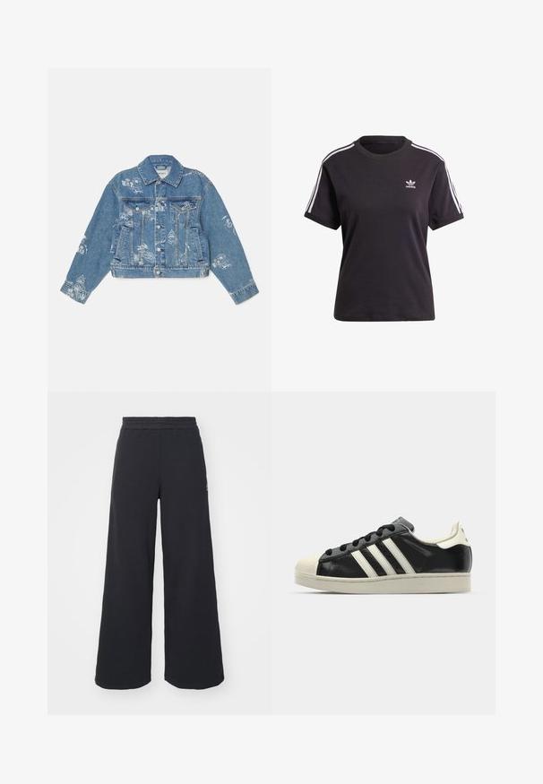 Denim jacket in light blue with white printed graphics, long sleeves, classic collar, button closure, and two front pockets.; Black cotton short-sleeve t-shirt with round neck, featuring white stripes on shoulders and a small white Adidas logo on the chest.; Black wide-leg sweatpants made from soft fabric, featuring an elastic waistband and a small logo on the left side.; Black leather sneaker with white stripes, rubber toe cap, black laces, and a cream-colored outsole. Smooth texture with shiny finish.