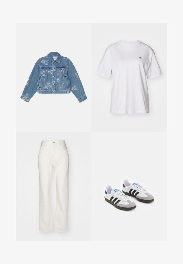 Denim jacket in light blue with white printed graphics, long sleeves, classic collar, button closure, and two front pockets.; White cotton t-shirt with a relaxed fit, short sleeves, and a small embroidered logo on the left chest area.; White denim trousers with a high waist and wide-leg fit. Features a button and zipper closure, belt loops, and subtle stitching details.; Sport shoes with a white leather upper, gray suede toe, and three black stripes. Features a blue logo on the tongue and a textured rubber sole.