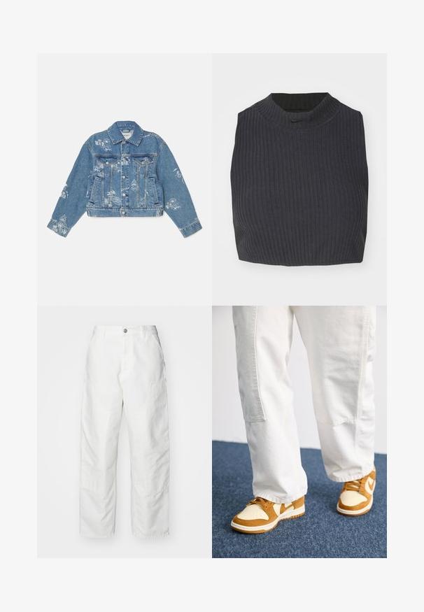 Jeansjacke in Hellblau mit weißen bedruckten Grafiken, langen Ärmeln, klassischem Kragen, Knopfverschluss und zwei Fronttaschen.; Gekürztes, geripptes Oberteil in Dunkelblau mit hohem Kragen und dezentem Nike-Logo. Der Stoff hat ein strukturiertes, elastisches Erscheinungsbild.; Weiße Cargo-Hosen aus Denim mit lockerer Passform, Seitentaschen und sichtbaren Nähdetails. Schlichte Vorderseite mit Knopfverschluss.; Braune und cremefarbene Sneaker aus Wildleder und Leder, mit perforierter Zehenpartie, Schnürsenkeln und weißen Sohlen. Getragen mit weißen Hosen.