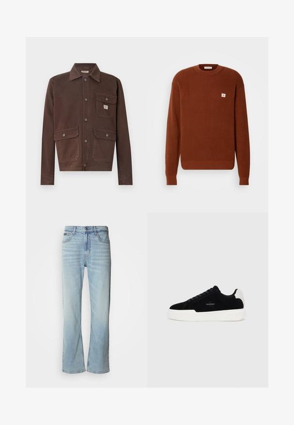 Ruskea, pitkähihaine takki kestävästä kankaasta. Varustettu kauluksella, nappisuljennalla ja kahdella rintataskulla läpillä. Tasainen pinta.; Ruskea neulottu villapaita, jossa on ribatustekstuuri, pyöreä kaula-aukko ja pieni logo-lappu edessä. Pitkät hihat ja rento istuvuus.; Vaalean siniset farkut suoralla lahkeella, joissa on viisi taskua, nappisulku ja hienovarainen haalistuma kankaassa.; Musta matala sneaker valkoisella pohjalla ja kantapäällä, naruilla suljettavissa edessä, ja Calvin Klein -logo sivulla.