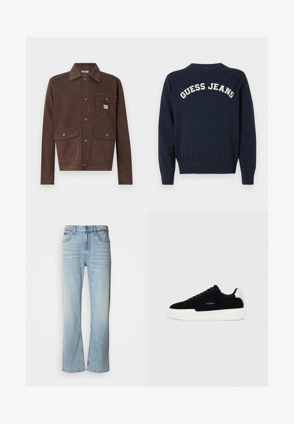 Brūns, garām piedurknēm žakets, izgatavots no izturīga auduma. Ar apkakli, pogu priekšpusi un divām krūšu kabatām ar vāciņiem. Gluda tekstūra.; Tumszils trikotāžas džemperis ar apaļu izgriezumu un ribotu aproci, ar "GUESS JEANS" izšuvumu krēmkrāsā uz krūtīm.; Gai zila denim bikses ar taisnu kāju griezumu, kurām ir piecas kabatas, pogu aizdare un viegla izbalēšana uz auduma.; Melni zema profila sporta apavi ar baltu zoli un papēdi, ar šņorēm priekšpusē un Calvin Klein logo sānos.