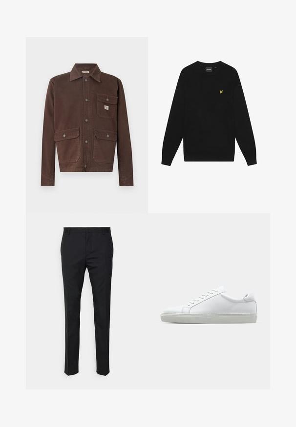 Smeđa jakna dugih rukava izrađena od izdržljive tkanine. Ima ovratnik, prednje dugme i dva prsna džepa s preklopima. Glatka tekstura.; Crna pamučna dukserica s dugim rukavima i okruglim izrezom. Ima mali žuti logotip orla na prsima. Mekana tekstura.; Crne krojene hlače s ravnim krojem, izrađene od glatkog materijala. Imaju petlje za remen i naboran detalj duž prednje strane.; Bijela tenisica s glatkim kožnim gornjim dijelom i niskim profilom. Ima zaobljen vrh, šest rupica za vezanje i teksturiranu gumenu podlogu.