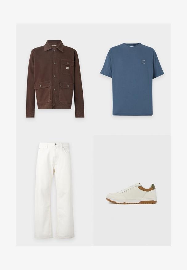 Barna, hosszú ujjú dzseki tartós anyagból. Gallérral, gombos elülső résszel és két zsebből álló mellzsebbe nyílásokkal rendelkezik. Sima tapintású.; Kék pamut póló klasszikus kerek nyakkal, rövid ujjakkal, laza szabással és két kis nyomtatott logóval a mellkasán. Simább textúra.; Fehér, bő szabású farmernadrág, amely standard derékrésszel, elülső zsebekkel és gombos zárással rendelkezik. Texturált anyag, sima felülettel.; Tommy Hilfiger BASKET CORE - Sportcipő - ecru/army green