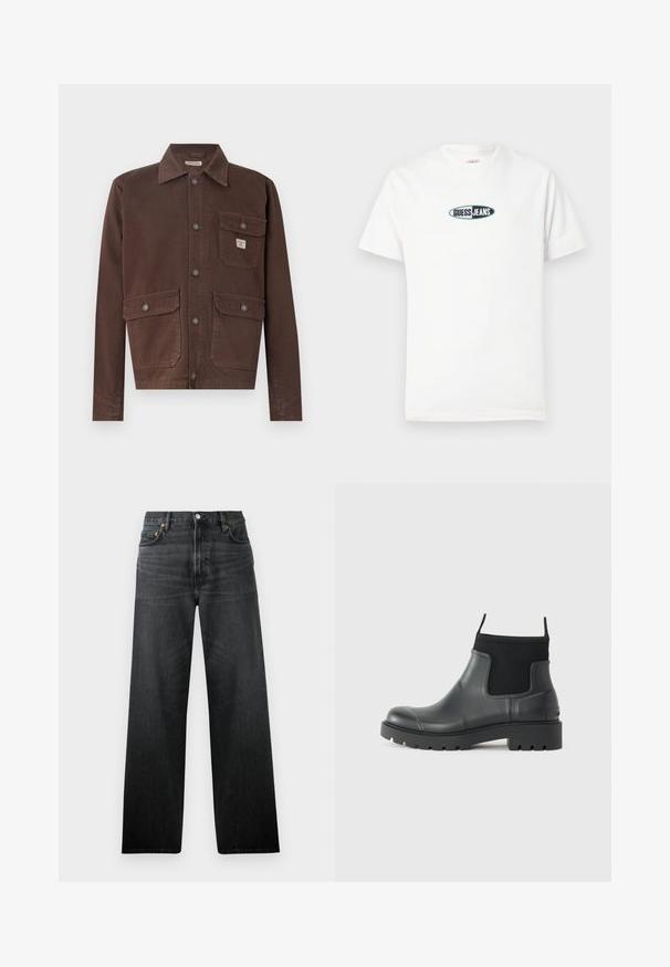 Hnedá, dlhá bunda s dlhým rukávom vyrobená z odolného materiálu. Má golier, gombíkový predný zapínanie a dve vrecká na hrudi so skladacími klopami. Hladká textúra.; Biele bavlnené tričko s krátkymi rukávmi a okrúhlym výstrihom. Na strede má vyšívané logo s nápisom "GUESS JEANS".; Čierne džíny z denimu so strihom rovného nohavicu, s piatimi vreckami a zapínaním na gombík. Tkanina má jemný lesk a viditeľnú štruktúru.; Čierne členkové topánky vyrobené z gumy s matným povrchom, s elegantným dizajnom, elastickými panelmi a hrubou podrážkou pre lepšiu trakciu.