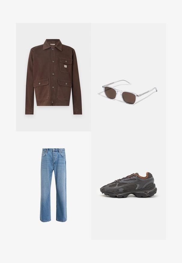 Hnědá dlouhá bunda s dlouhými rukávy vyrobená z odolné tkaniny. Obsahuje límec, zapínání na knoflíky a dvě náprsní kapsy s klopami. Hladký povrch.; Bílá bavlněná tričko s kulatým výstřihem. Obsahuje malé tmavě modré logo na levé straně hrudi. Krátké rukávy, hladká textura.; Světle modré džínové kalhoty s rovnými nohavicemi, pěti kapsami, zapínáním na knoflík, minimálním vyblednutím a kontrastním prošitím.; Sněrovací boty Lacoste v tmavě šedé barvě s síťovinou a syntetickým materiálem, prezentující texturovanou podrážku a hnědé detaily na límci a logu.; Průhledné plastové sluneční brýle s obdélníkovými hnědými skly, vybavené tenkými průhlednými obrubami a kovovými detaily na spáncích.