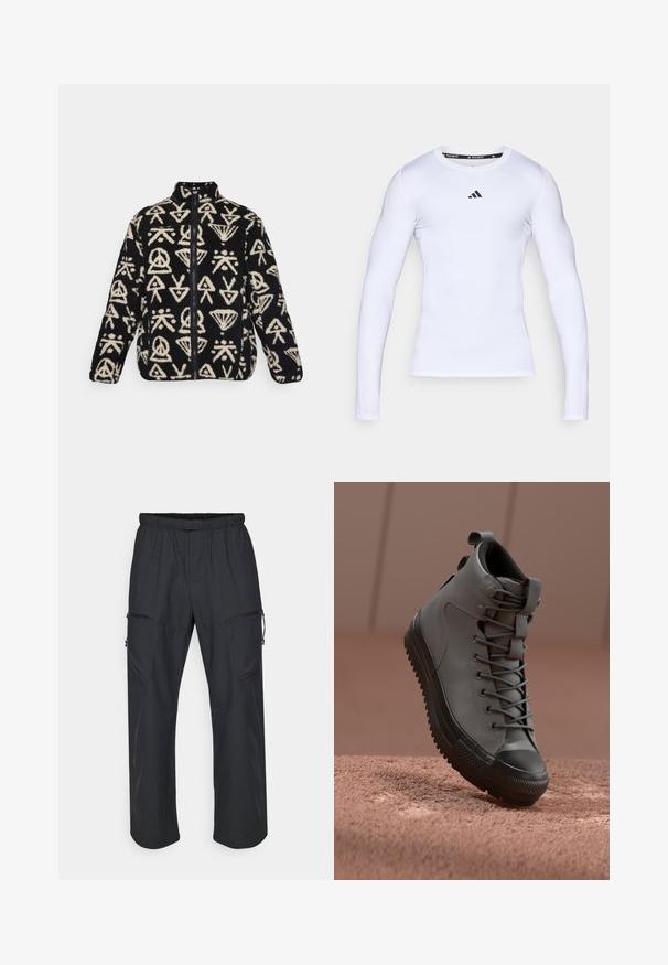 Svart fleecejakke med hvite abstrakte mønstre, høy krage og hel glidelås foran. Myk tekstur med kontrasterende farger og design.; Kvit langermet treningsskjorte laget av elastisk stoff, med rund hals og en svart Adidas-logo på brystet.; Svarte cargo-bukser med elastisk linning, to glidelåslommer og et lett, glatt tekstur.; Høye sneakers i grå lær med teksturert finish, svart gummitåhette og grå snørebånd. Har en løftestropp på hælen.