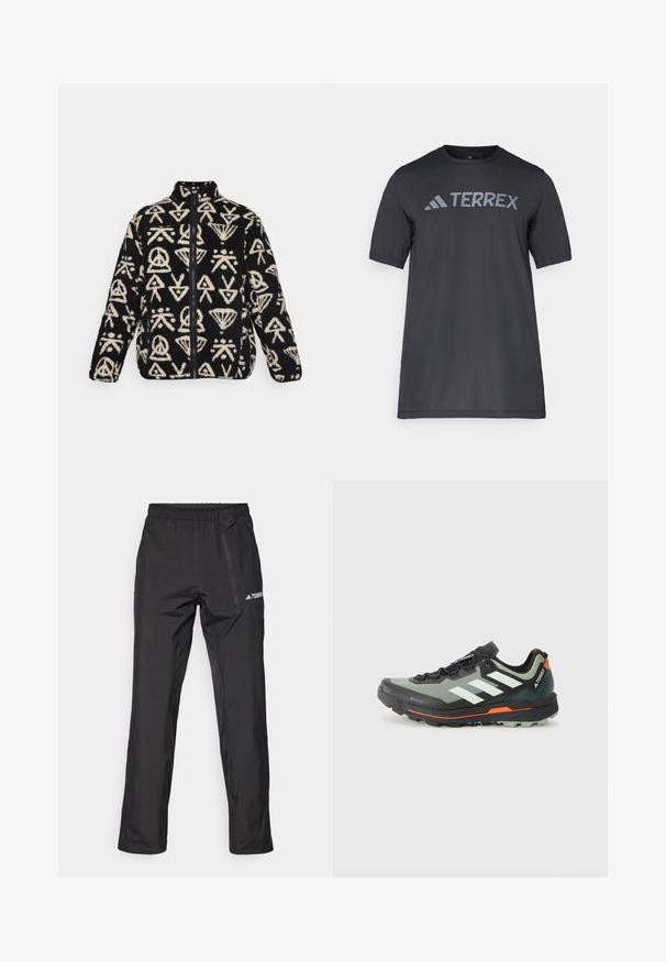 Črna flis jopica z belimi abstraktnimi vzorci, visokim ovratnikom in polnim zadrgo. Mehka tekstura s kontrastnimi barvami in oblikami.; Črna majica s kratkimi rokavi iz lahkega materiala, ki ima odtisnjen svetlo sivi logotip "TERREX" čez prsi in okrogel izrez.; Črne lahke pohodne hlače z elastičnim pasom, žepki z zadrgo in natisnjenim logotipom. Gladek tekstura in ravno krojene hlače.; Lahka tekaška čevlja za trail s sivim in črnim mrežastim zgornjim delom, oranžnimi poudarki in robustnim podplatom za oprijem. Vodoodporna Gore-Tex podloga.