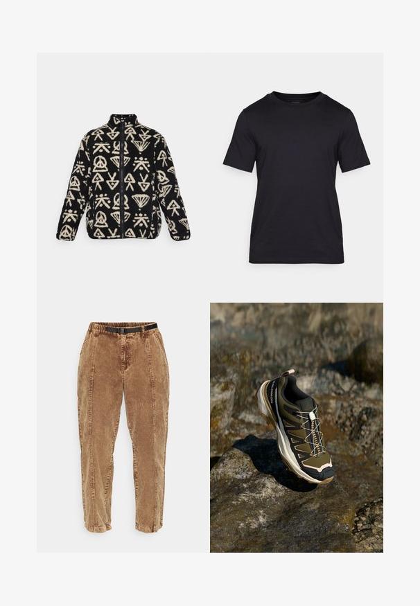 Črna flis jopica z belimi abstraktnimi vzorci, visokim ovratnikom in polnim zadrgo. Mehka tekstura s kontrastnimi barvami in oblikami.; Črna majica z kratkimi rokavi, izdelana iz gladkega materiala, z okroglo izrezanem ovratnikom. Diskretno logotip je natisnjen v črni barvi na prsih.; Rjave kordurojske hlače z teksturirano površino, opremljene z nastavljivim črnim pasom, stranskimi žepi in sproščenim krojem. Hlače se ozko prilagajajo gležnjem.; Pohodni čevlji v olivno zeleni in črni barvi s poudarki v roza. Imajo teksturirano zgornji del, fleksibilno podplat, ojačan zaščitni del za prste in barvit sistem vezalk.