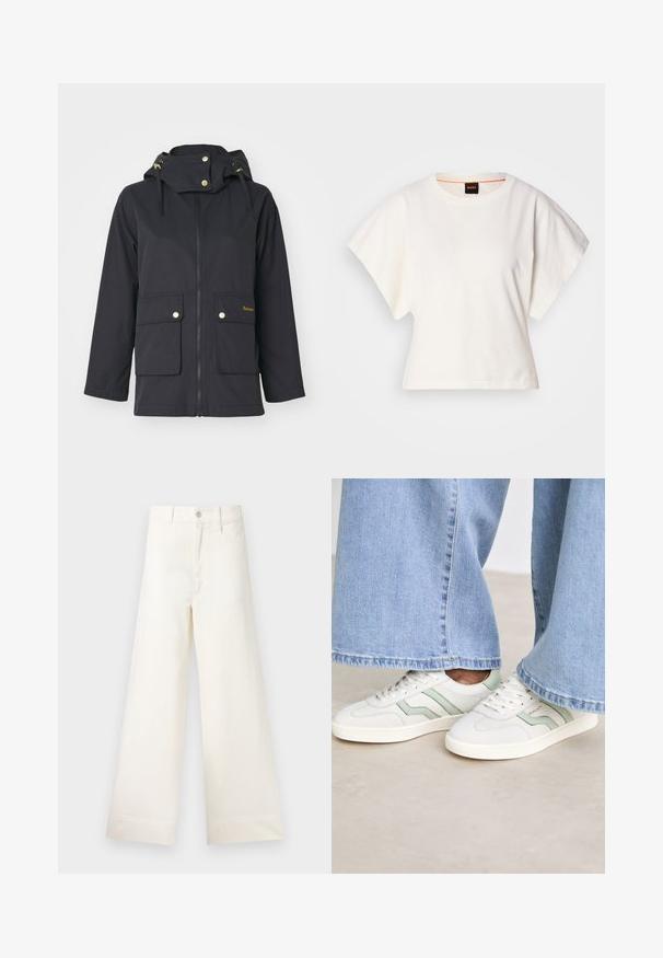 Barbour PEREZ SHOWERPROOF - Parka - dark navy/summer navy/ecru; White cropped T-shirt, short wide sleeves, soft cotton material, round neckline with subtle orange trim, minimal design, no patterns or graphics.; Wide-leg trousers in light beige cotton. Features a high waist, front pockets, and a straight cut. Clean hem finishing without patterns.; White sneakers with light green accents, textured leather, and flat rubber soles. Paired with wide-leg denim pants.
