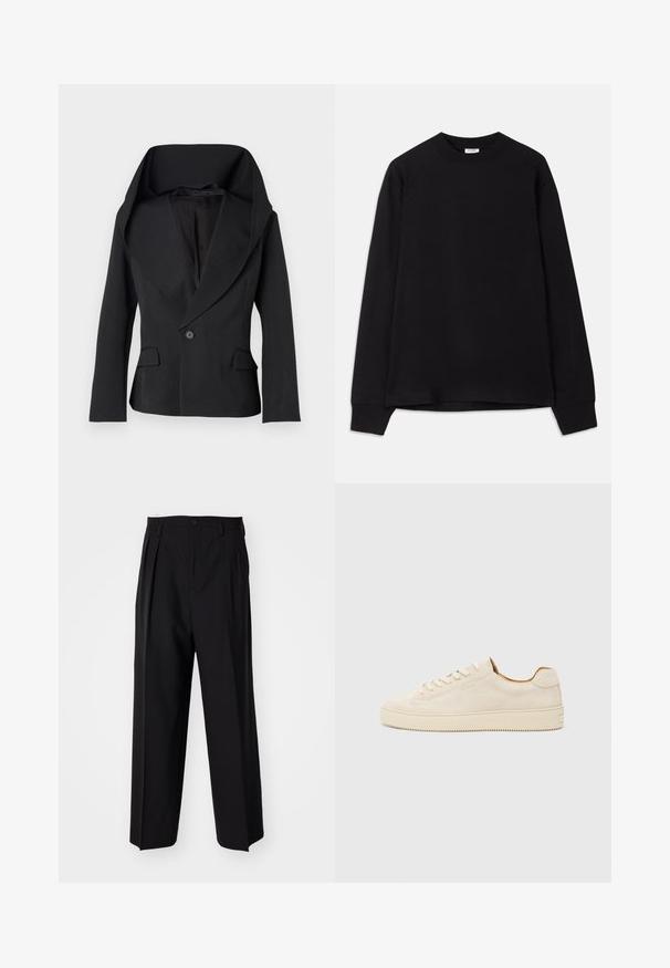 Blazer preto com um grande colarinho drapeado, fecho com um único botão e dois bolsos frontais. Apresenta um corte ajustado e uma textura de tecido suave.; Camisola preta de manga longa feita de algodão suave. Apresenta um decote redondo, corte solto e punhos canelados. Sem padrões ou logótipos visíveis.; Calças pretas plissadas com um design reto e de perna larga. Feitas de um tecido liso, apresentam um fecho de botão e passantes para cinto.; Sapatilhas de camurça bege com um design de cano baixo, bico redondo, atacadores planos e uma sola de borracha texturizada. Estilo minimalista sem logótipos visíveis.