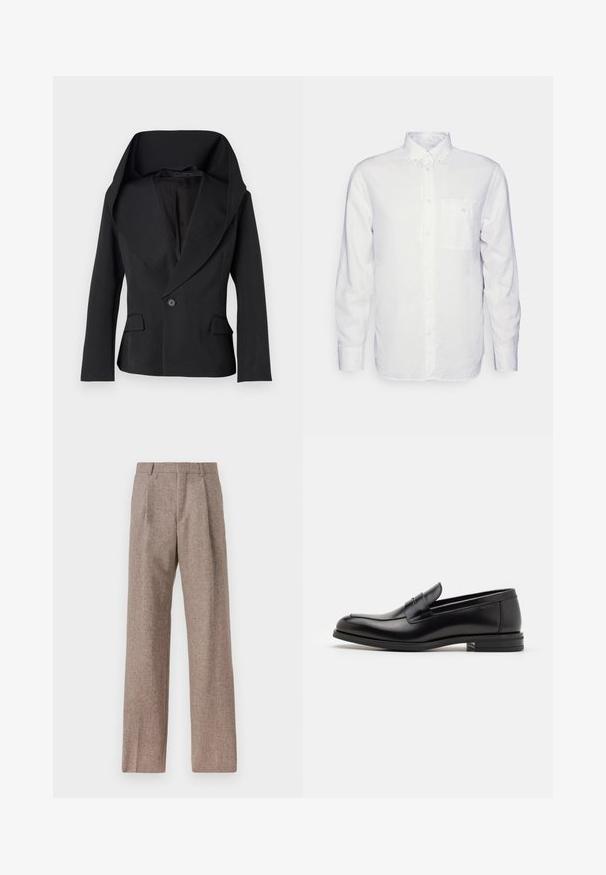 Svart blazer med en stor, draperad krage, enkel knappstängning och två framfickor. Har en skräddarsydd passform och en mjuk tygtextur.; Långärmad vit skjorta gjord av bomull, med krage som knäpps med knappar, framficka och normal passform. Strukturerad tyg med en slät yta.; Bruna, högmidjade byxor i texturerat tyg. Har vida ben och två framvikningar för struktur. Välavslutad utan synlig hårdvara.; Svarta läderloafers med en slät yta, rund tå och ett dekorativt band över främre delen. Låg staplad klack, minimalistisk design.