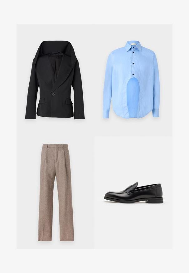 Mustat bleiseri, jossa on suuri, roikkuva kaulus, yksittäinen napitus ja kaksi etutaskua. Ominaisuuksiin kuuluu muotoiltu istuvuus ja sileä kangastuntu.; Vaaleansininen pitkähiha shirtti, jossa on terävä kaulus, mustat napit ja ainutlaatuinen aukko edessä erottuvan muotoilun vuoksi.; Ruskejat, korkeavyötäröiset housut, jotka on valmistettu teksturoidusta kankaasta. Ominaisuuksina ovat leveät lahkeet ja kaksi etupuolelle ommeltua laskosta rakenteen tukemiseksi. Siisti viimeistely ilman näkyvää metalliosaa.; Mustat nahkakengät, joissa on sileä pinta, pyöreä kärki ja koristeellinen nauha jalkapöydän yli. Matala pinoitu koroke, minimalistinen muotoilu.